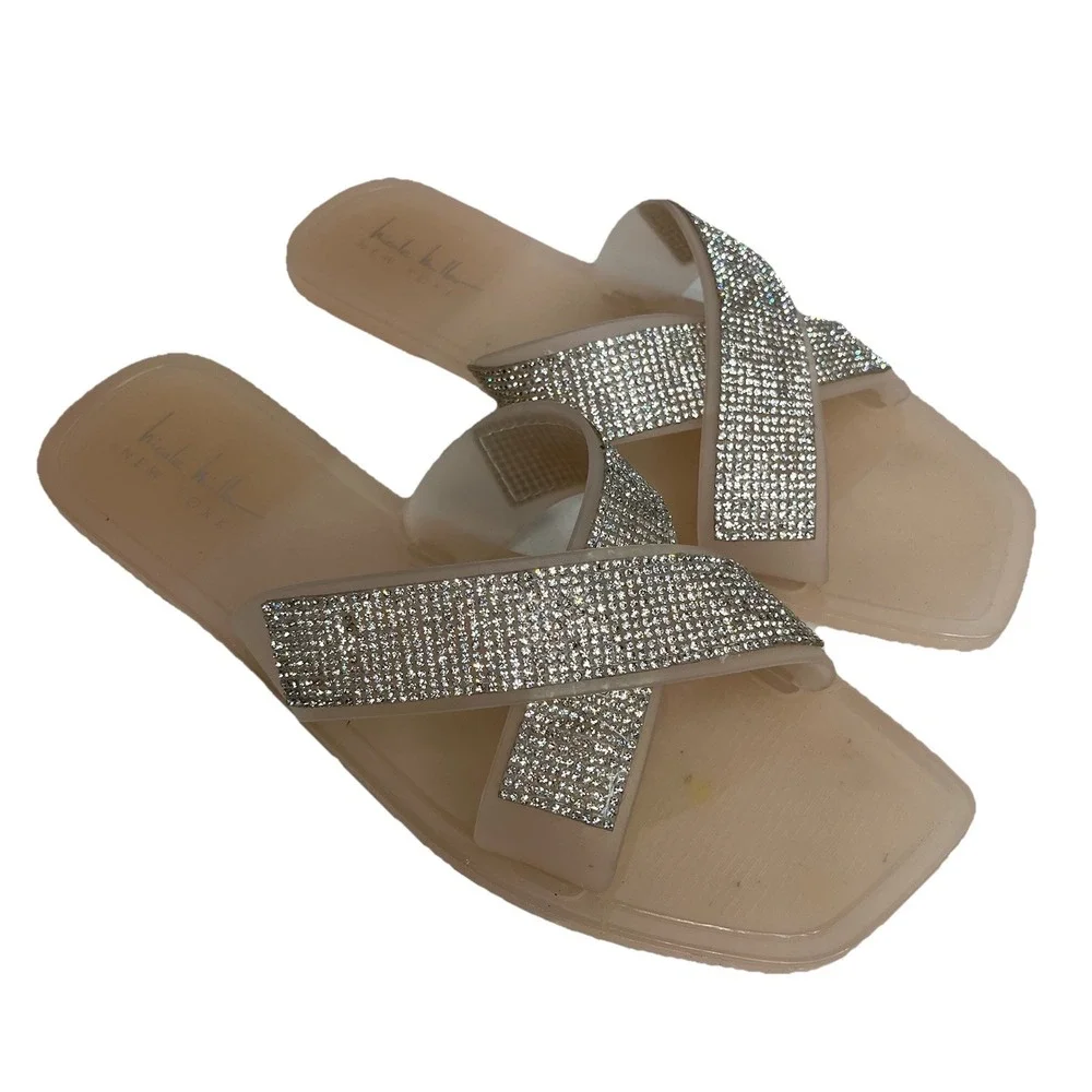 Nicole Miller Women's Silver Rhinestone Slide Sandals 8 Y2K Bling Boho Party